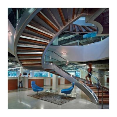 China Frameless Wood Curved Staircase Modern Bracket Standoff Stairway for sale