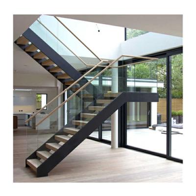 China Service-oriented wrought iron glass straight stair decorative wood steps staircase en venta