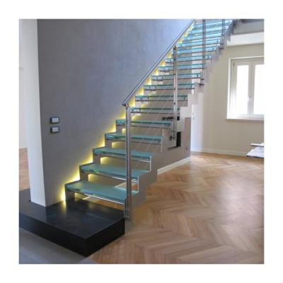 China Art staircase frosted glass stair double beam straight staircase for sale