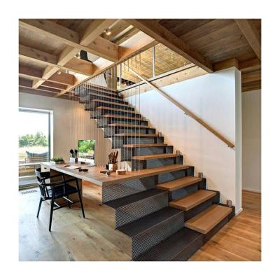 China Indoor Modern Straight Stairs Stainless Steel Wooden Staircase for sale