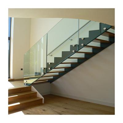 China Indoor Straight Metal Stairs Wood Tread Steel Handrail Staircase en venta