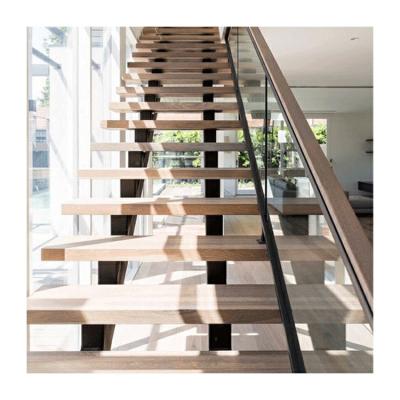 China Straight Mono Stringer Stair Wood Tread Glass Railing Staircase Te koop