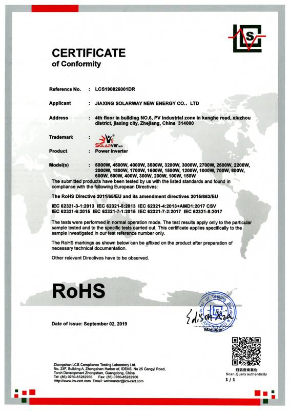 Rohs Certification - Jiaxing Solarway New Energy Co.,ltd.