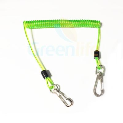 China Transparent Green Plastic Coil Lanyard Safety Tool Coiled Tethers With Wire Inside for sale