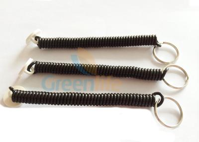 China Tool Bungee Black Coiled Key Lanyard Retainer With White Round Sticker And Key Ring for sale