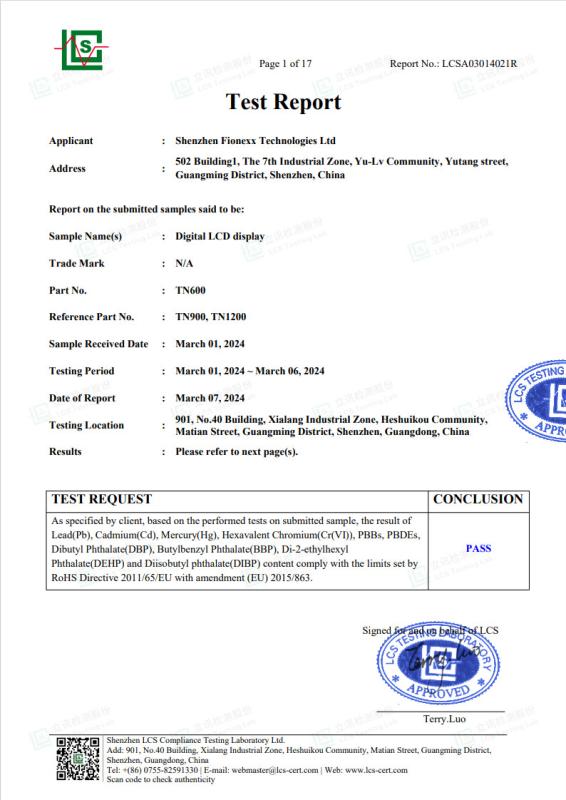 RoHS Test Report - Shenzhen Fionexx Technologies Ltd