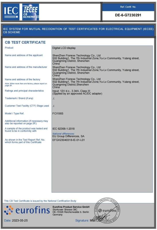 CB Test Certificate - Shenzhen Fionexx Technologies Ltd