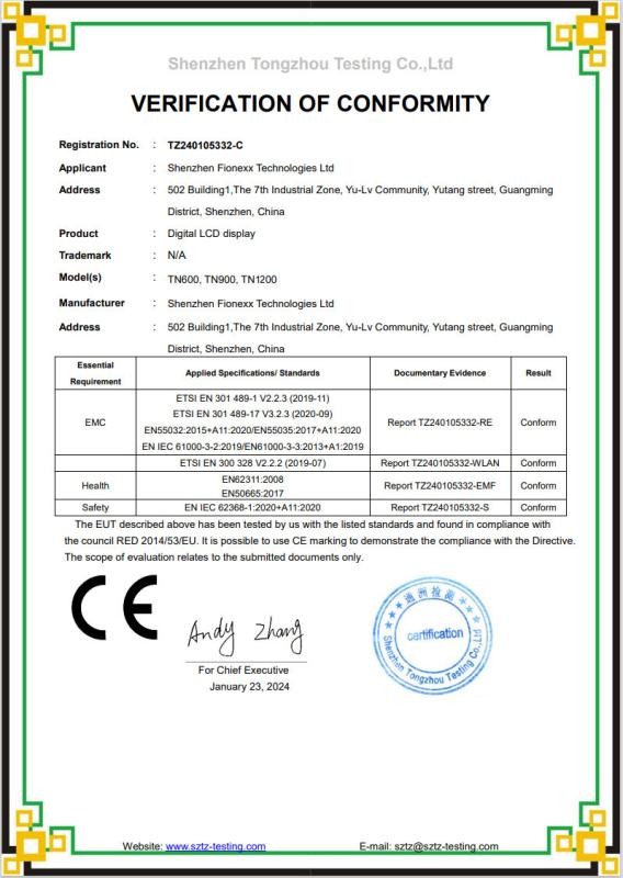 CE Test Certificate - Shenzhen Fionexx Technologies Ltd