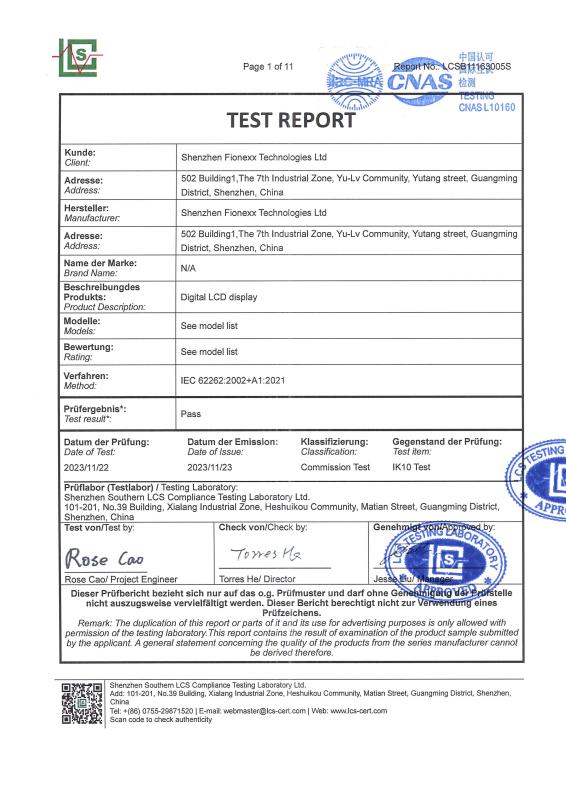IK 10 Test Report - Shenzhen Fionexx Technologies Ltd