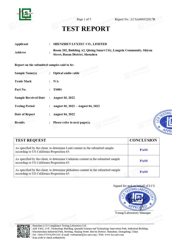 RoHs test report - ShenZhen Ruiara Co., Ltd