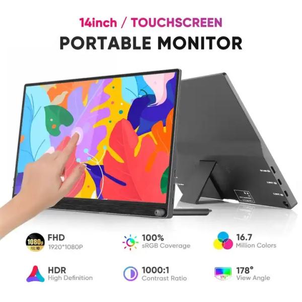 Quality 14inch 1080P Portable Touch Monitor With Stand Touchscreen Slim For Laptop for sale