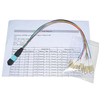 China MPO 12 Core 0.9mm Singlemode 1M Fanout Assembly MPO to LC patch cord cable for sale
