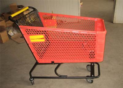 China Cesta de compras roja del supermercado de las compras de la rueda plástica portátil de la carretilla 4 en venta
