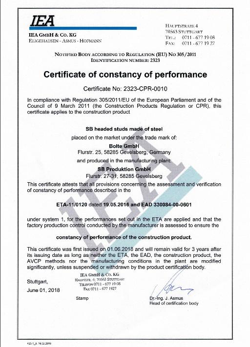 Certificate of constancy of performance - Shanghai Yichen industrial co. LTD
