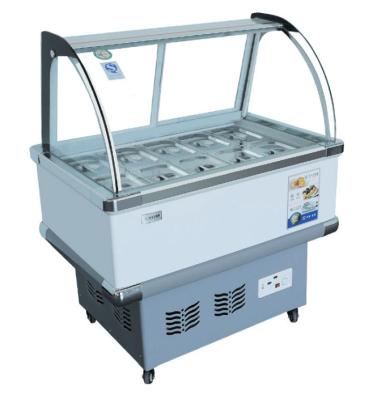 China Commercial Ice Cream Showcase Freezer 6 Barrel 10 Tray Curved Glass for sale