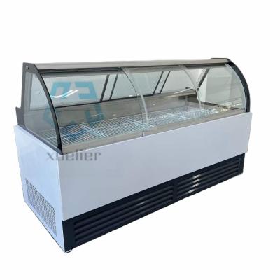 China Enfriamiento directo curvado de los 2m los 2.5m de la tienda de delicatessen del congelador de cristal de la exhibición en venta