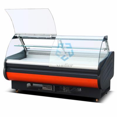 China Curved Glass Butcher Meat Freezer SS304 Front Flip Lid for sale