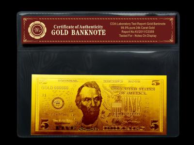 China 24kt gold leaf USA $5 gold plated gold dollar bill Bank Note Coin Collection for sale