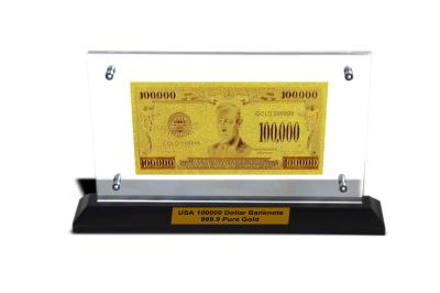 Chine Billet de banque de dollar US $100000 de feuille d'or De billet de banque avec le cadre acrylique de photo à vendre