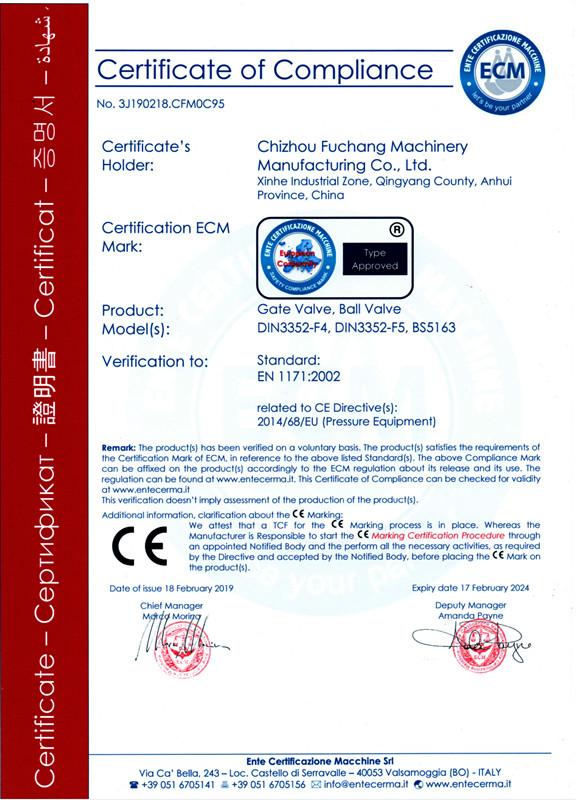 Certificate of Compliance - Chizhou Fuchang Machinery Manufacturing Co.,Ltd