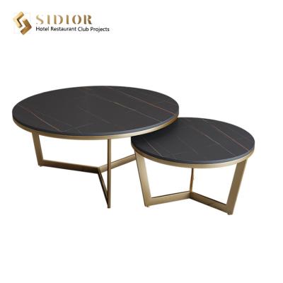 China 50cm Lightweight Black Round Marble Coffee Table Set Of 2 With Gold Legs for sale