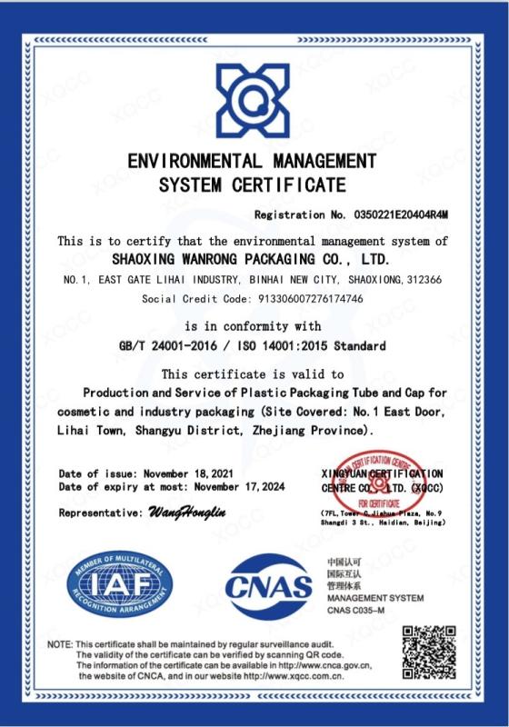 ENVIRONMENTAL MANAGEMENT SYSTEM CERTIFICATE - Wanrong Packaging Co.Ltd.