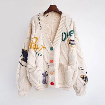 China                  Designer Women Chunky Sweater Cardigan Autumn Winter Drop Shoulder Button Front Embroidery Loose Knit Cardigan Sweater Coat              for sale