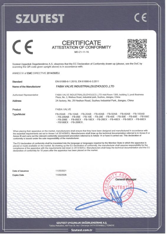 Certificate of Conformity - Fabia Valve Industry (Suzhou) Co., Ltd.