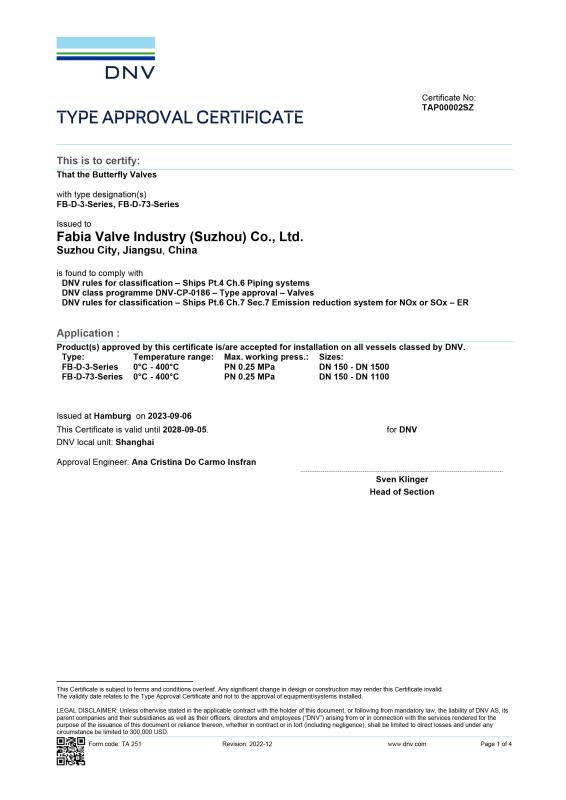 DNV TYPE APPROVAL CERTIFICATE - Fabia Valve Industry (Suzhou) Co., Ltd.