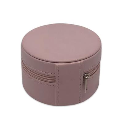 China Round Leather Zippered Portable Travel Jewelry Box for sale