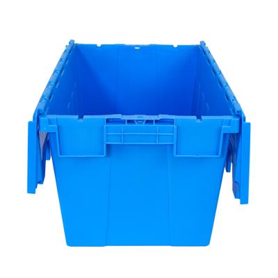 China Customized Logo Moving Crate 710x575x485mm Nestable Storage Box with Attached Lid for sale