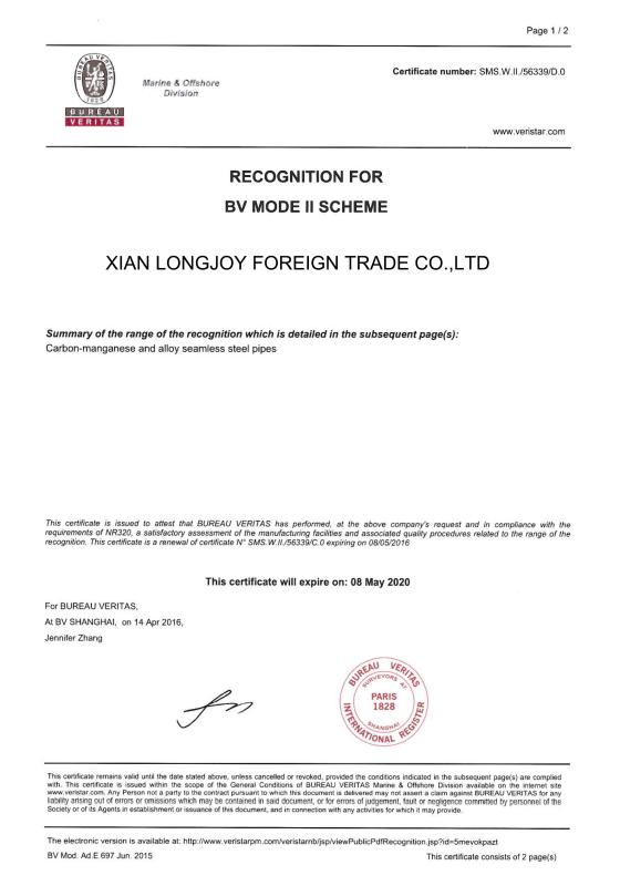 Recognition for BV mode II scheme - Xi'an Longjoy Foreign Trade Co.,Ltd