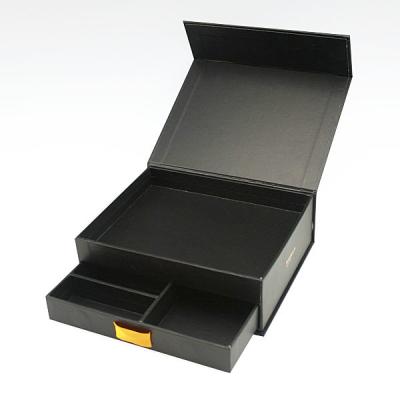 China Custom Logo Rigid Cardboard Paper Jewelry Gift Box Black Drawer With Two Layers for sale