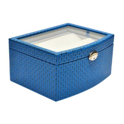 China Cajas de embalaje de joyas de cuero con cerradura de tres capas azul Joyero para pendientes en venta