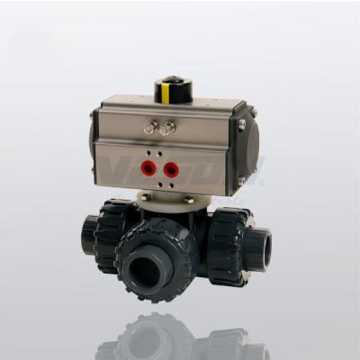China PVC Pneumatic Three way Ball Valve Direct Mount For Low Profile ISO5211 Standard for sale
