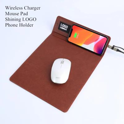 China Customized Logo Brown Wireless Charging Mouse Pad With Holder for sale