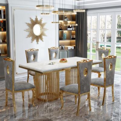 China Mobiliário de sala de jantar de tamanho médio Mesa de jantar de aço inoxidável de mármore Flanela / cadeira de PU à venda