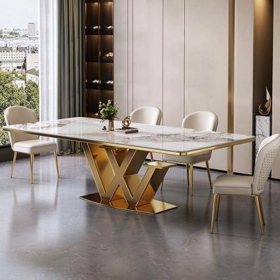 China 2/4cm Marble Square Dining Room Tables Stainless Steel Hotel Table Set for sale
