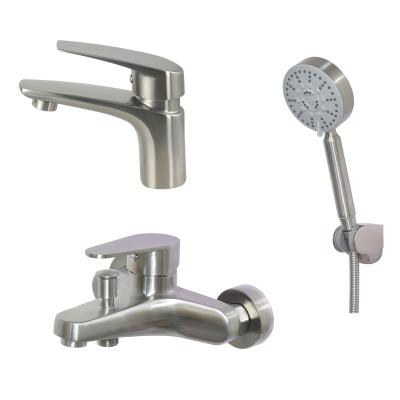 China Commercial stainless stee brush finished wall-mounted hotel bathroom bathroom shower sets wash basin faucet set for sale