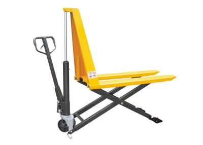 China Yellow Color Scissor Lift Manual Pallet Stacker With Extra Long Front Legs 1670 Mm​​ ​Turning Radius for sale