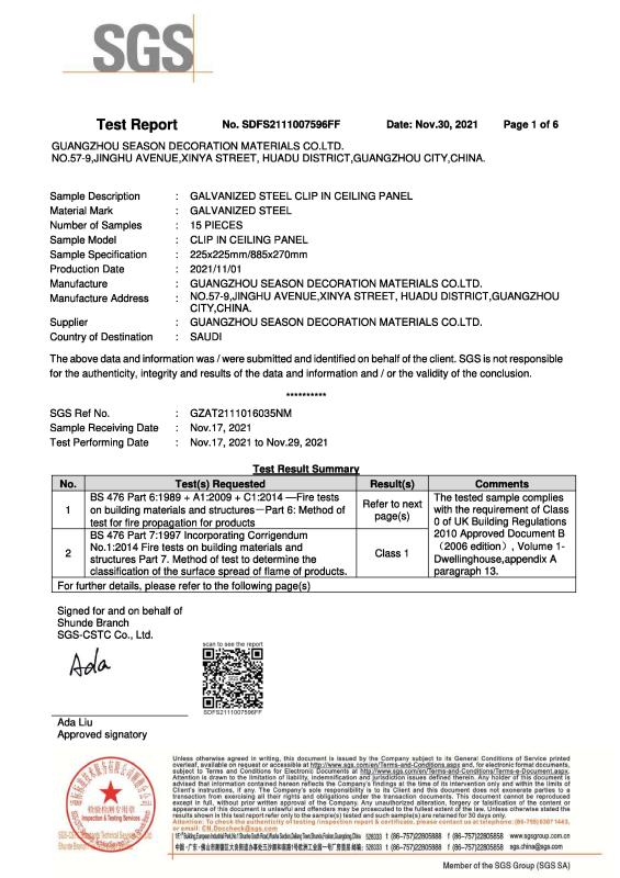 BS476-6,7 Fire Test - Guangzhou Season Decoration Materials Co., Ltd.