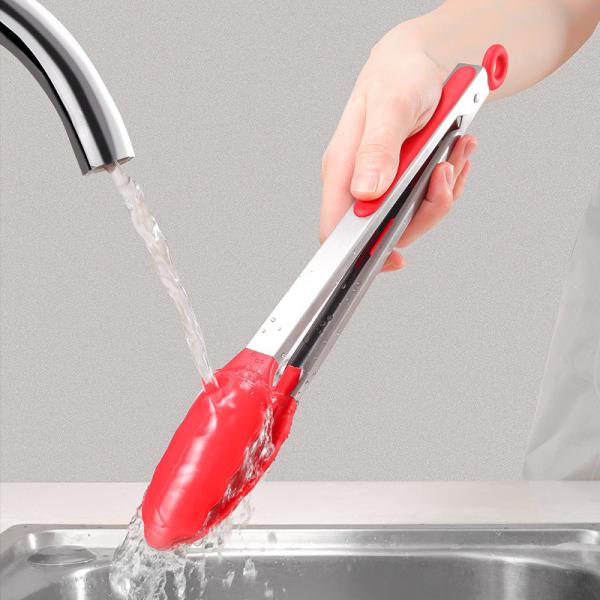 Quality Red Silicone Clamp Stainless Steel Kitchen Grill Tongs for Outdoor Camping BBQ for sale