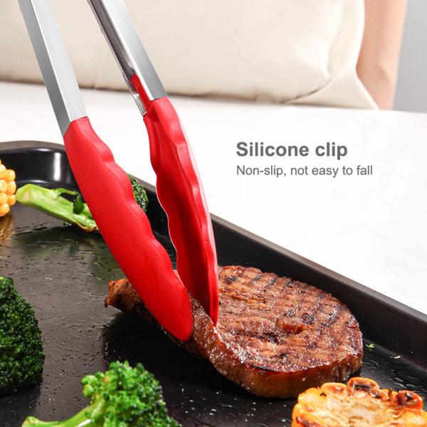 Quality Red Silicone Clamp Stainless Steel Kitchen Grill Tongs for Outdoor Camping BBQ for sale