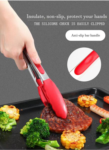 Quality Red Silicone Clamp Stainless Steel Kitchen Grill Tongs for Outdoor Camping BBQ for sale