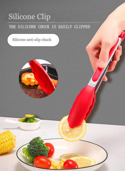 Quality Red Silicone Clamp Stainless Steel Kitchen Grill Tongs for Outdoor Camping BBQ for sale