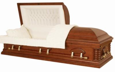 中国 注文の純木の棺、アーモンドのビロードの内部が付いている贅沢な埋葬の小箱 販売のため