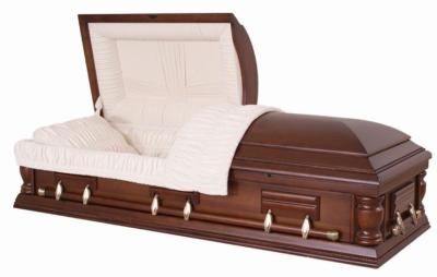 China Semi Gloss Solid Wood Coffins , Mahogany Wooden Coffin With Almond Velvet Interior for sale