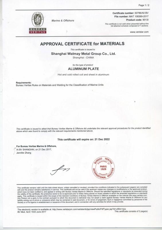 APPROVAL CERTIFICATE for MATERIALS - Shanghai Walmay Metal Group Co., Itd