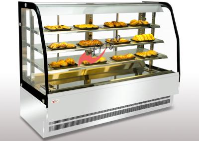 China Bäckerei-Nahrungsmittelanzeigen-Schaukasten gebogener Erwärmungsschaukasten schloss Art 3 verfügbare die Regal-unterschiedliche Größe zu verkaufen