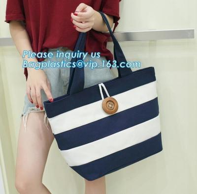 China factory lowest price for wide stripe cotton canvas oxford canvas tote bag with inside small stripe lining and ziper lock for sale